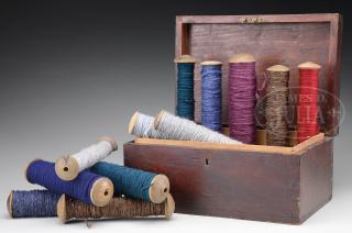 Appraisal: SHAKER SKEIN BOX WITH TWELVE INDIVIDUAL SPOOLS OF YARN SHAKER