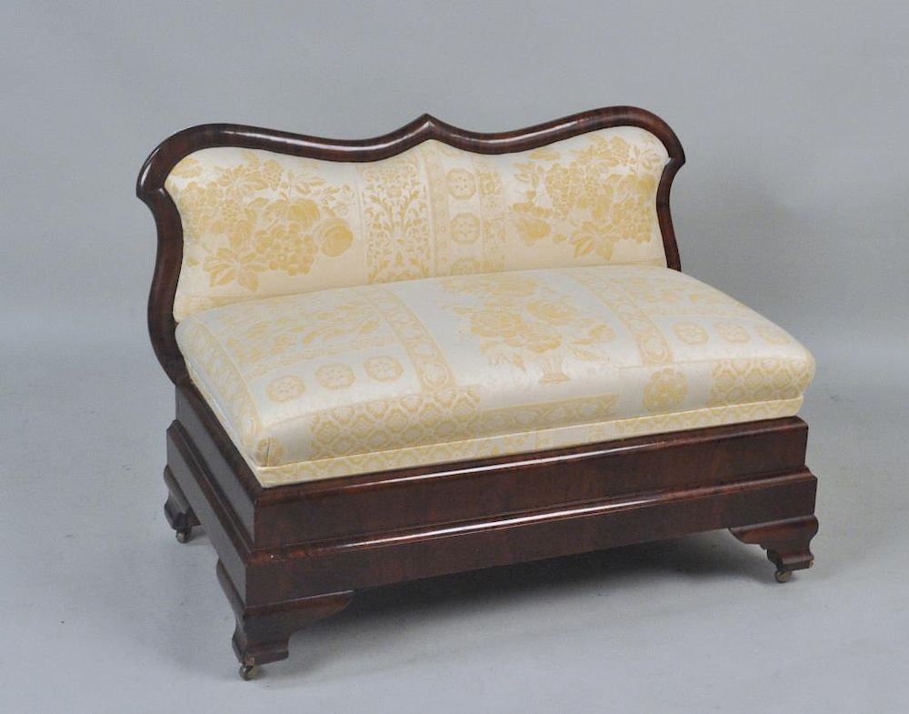 Appraisal: Empire Mahogany Upholstered Window Seat upholstered in yellow brocade Refinished