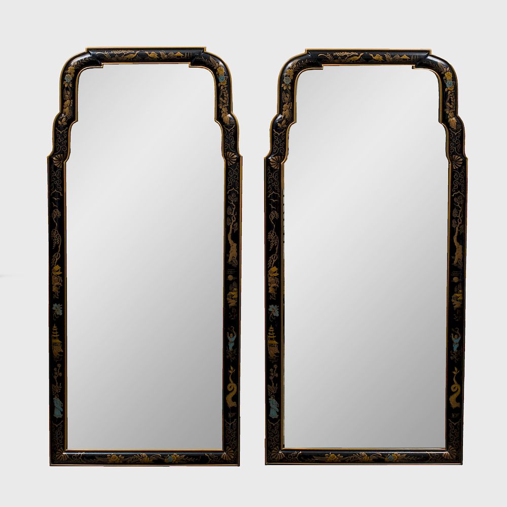 Appraisal: Pair of Queen Anne Style Black Lacquer Mirrors x in