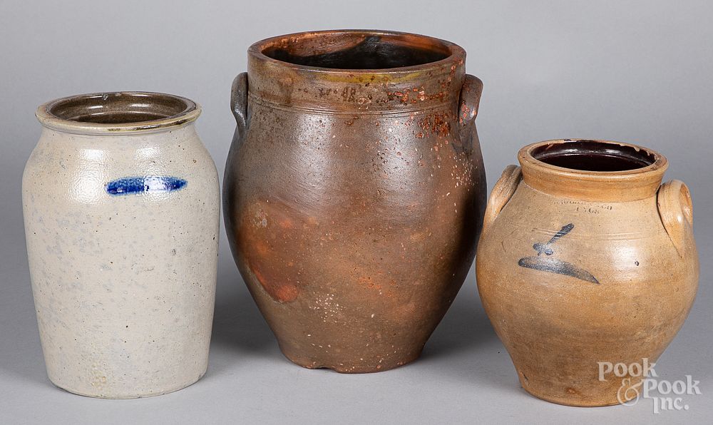 Appraisal: Three stoneware crocks th c Three stoneware crocks th c