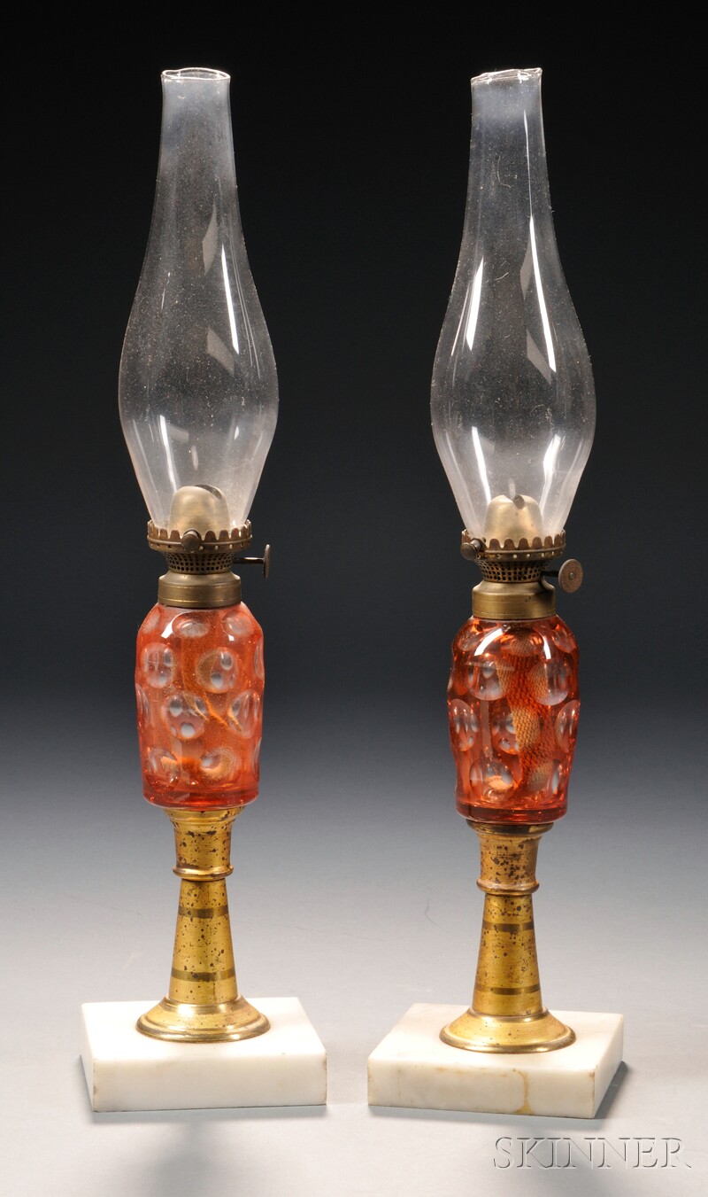 Appraisal: Pair of Small Cut Overlay Glass Fluid Lamps c transparent