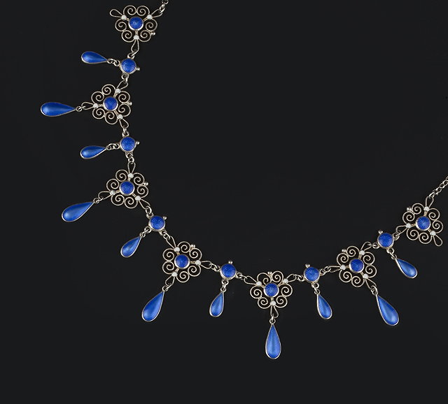 Appraisal: Marius Hammer Norwegian - Enamel fringe necklacecomprising openwork scrolled panels