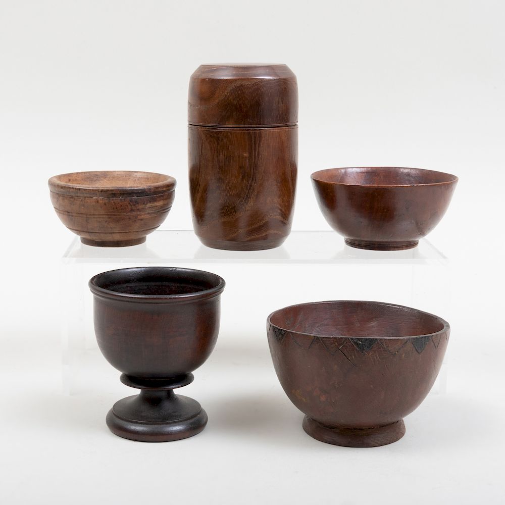 Appraisal: Group of Two Treen Articles and Three Bowls The articles