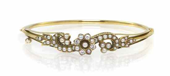 Appraisal: A Karat Yellow Gold Seed Pearl and Diamond Bangle Bracelet