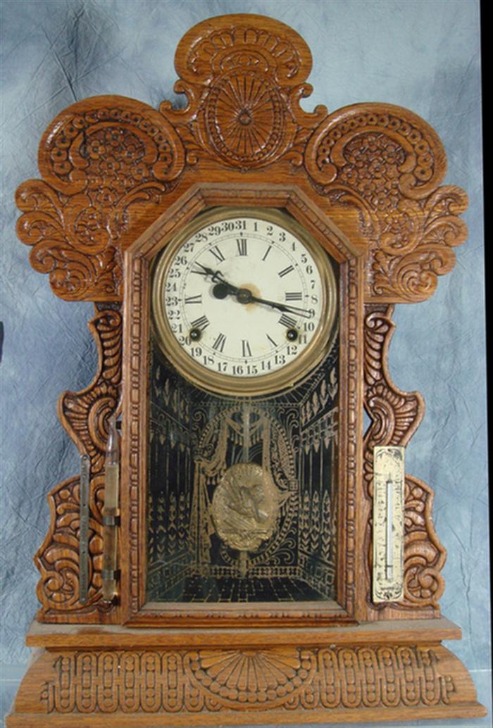 Appraisal: Ingraham Gala pressed oak calendar clock cracked glass thermometer barometer