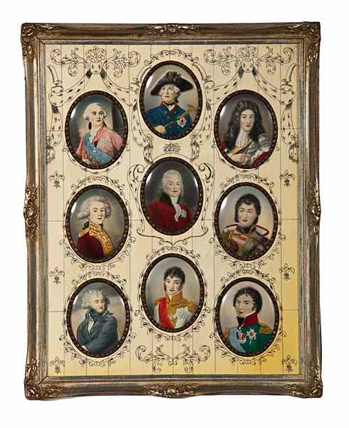 Appraisal: Framed Grouping of Nine Continental Miniatures Nine Continental portrait miniatures