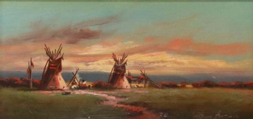 Appraisal: Framed oil on board painting Native American Encampment signed lower