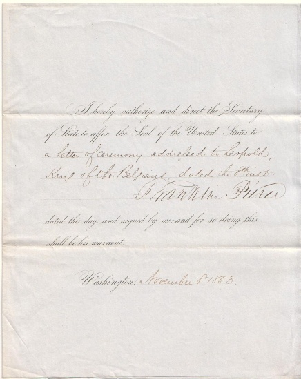 Appraisal: PIERCE FRANKLIN Partly-printed Document Signed as President ordering the Secretary