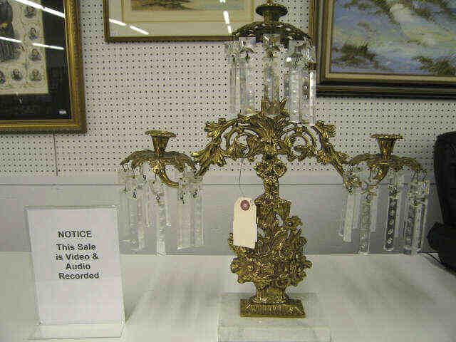 Appraisal: Ornate Victorian Brass Marble Candelabra basket of flowers decor cut