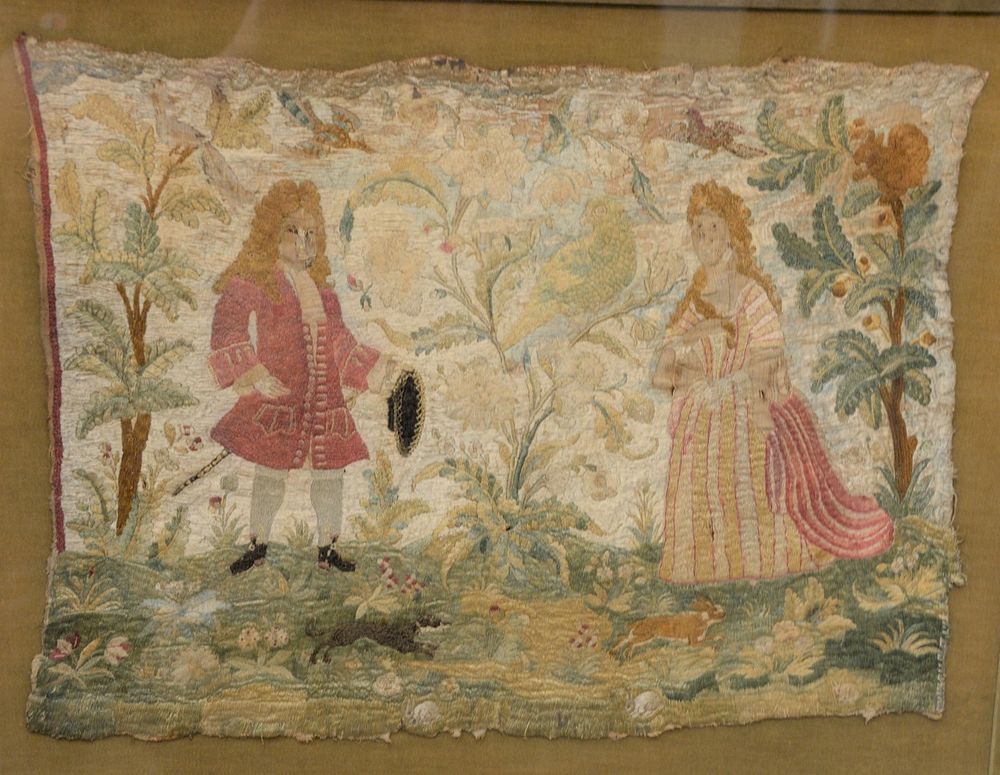 Appraisal: Continental Silk Embroidered Needlework Pictorial with two figures birds and