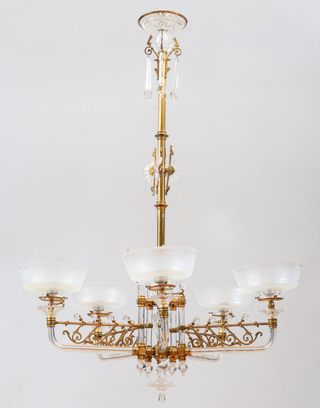 Appraisal: F C OSLER BIRMINGHAM AESTHETIC MOVEMENT CUT-GLASS AND BRASS GASOLIER