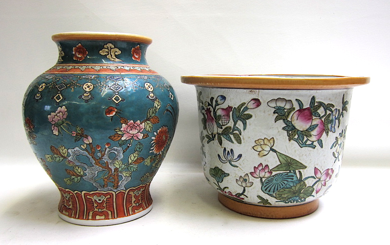 Appraisal: CHINESE PORCELAIN PLANTER AND VASE with floral and banded designs