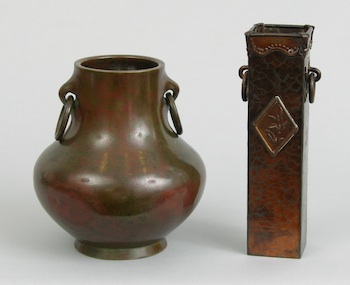 Appraisal: A Lot of Two Metal Vases A Japanese square sided