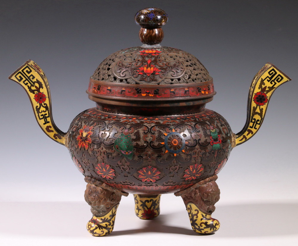 Appraisal: CHINESE ENAMELED BRONZE LIDDED CENSER Chinese Cloisonne Enameled Bronze Lidded