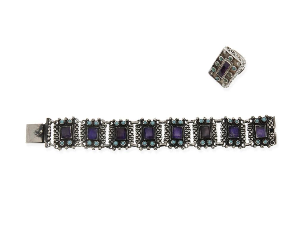 Appraisal: A Mexican silver bracelet and ring with amethysts Second-Quarter th