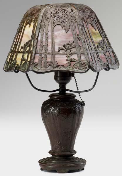 Appraisal: HANDEL Boudoir lamp its faceted overlay shade with palm tree