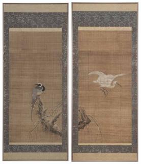 Appraisal: Pair Ink and Color on Silk Paintings of Birds Asian