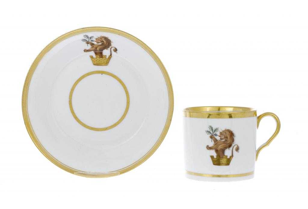 Appraisal: A COALPORT CRESTED COFFEE CAN AND SAUCER PROBABLY LONDON DECORATED