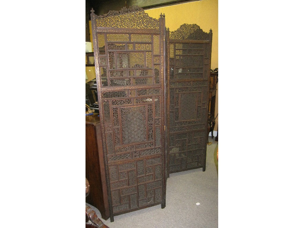 Appraisal: Indian carved hardwood and inlaid four fold screen