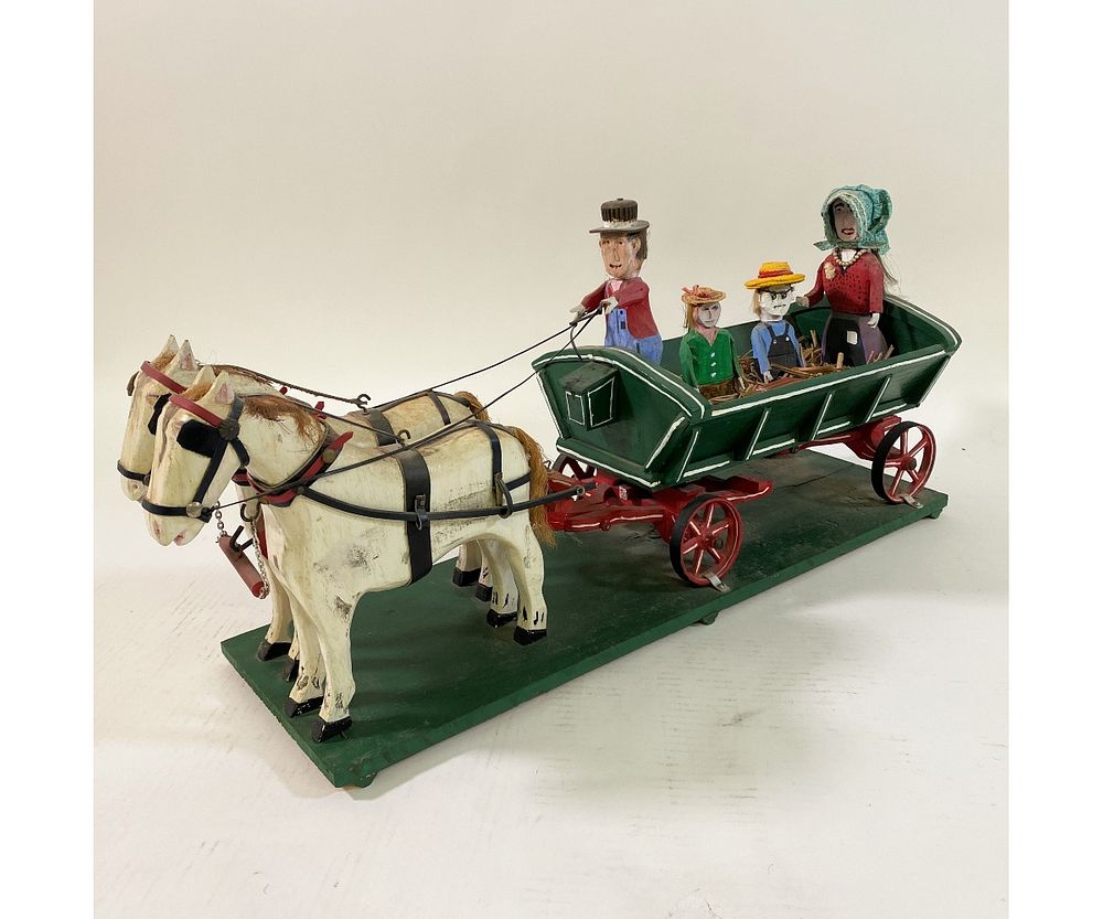 Appraisal: Folk Art Carved Horse and Wagon Folk Art carved horse