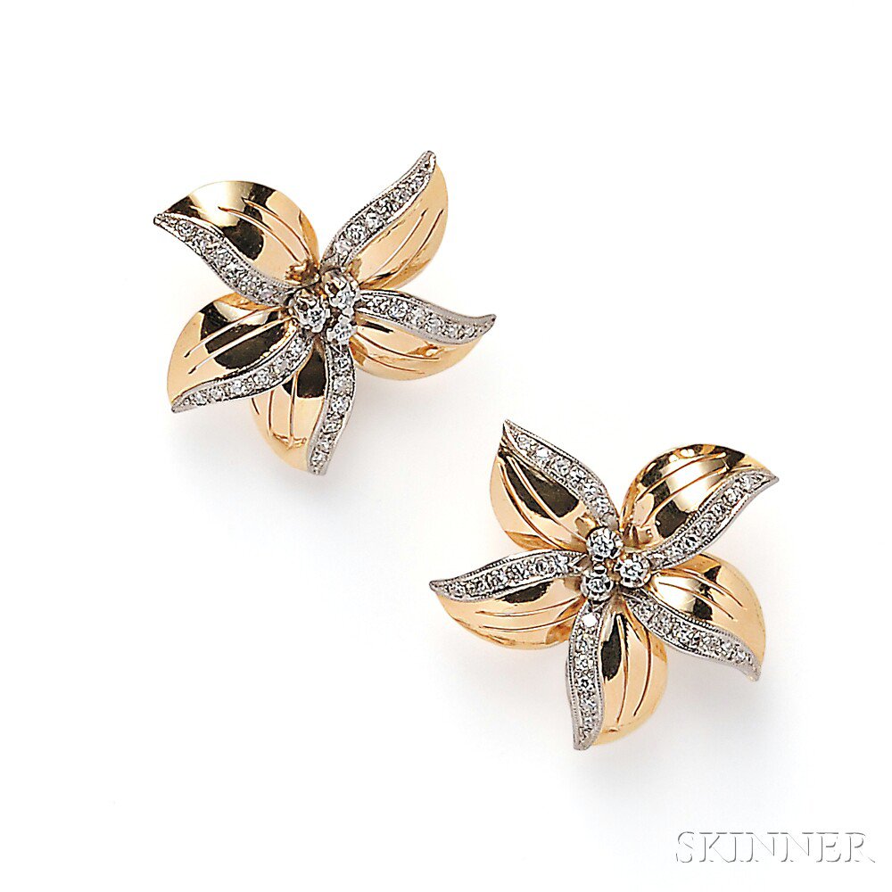 Appraisal: kt Gold and Diamond Flower Earclips each set with full-