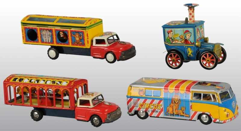 Appraisal: Lot of Tin Litho Circus Vehicle Friction Toys Description Japanese