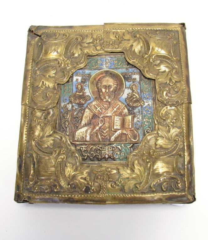 Appraisal: Antique Russian Brass and Enameled Icon square wooden icon clad