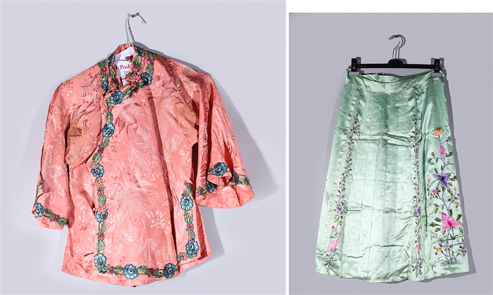 Appraisal: Chinese embroidered pink blouse and jade green skirt each with