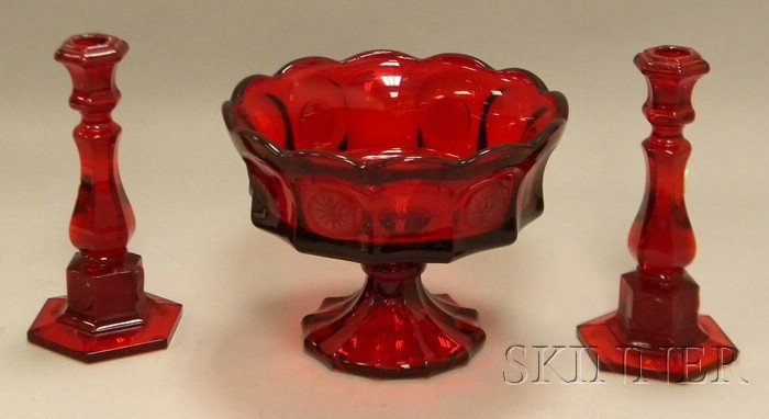 Appraisal: Three-piece U S Medallion Ruby Pressed Glass Console Set a