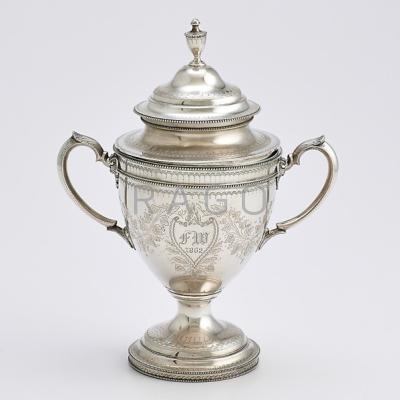 Appraisal: GEORGE SHARP COIN SILVER COVERED TROPHY CUP Two handled urn