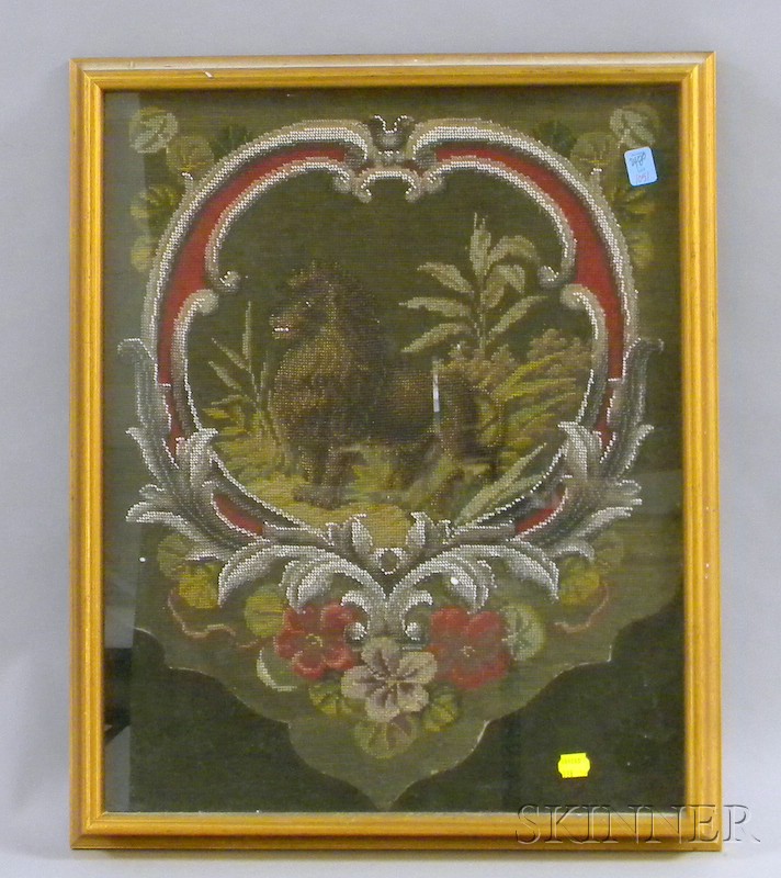 Appraisal: Framed th Century Beaded Needlework Lion in Cartouche Panel sight