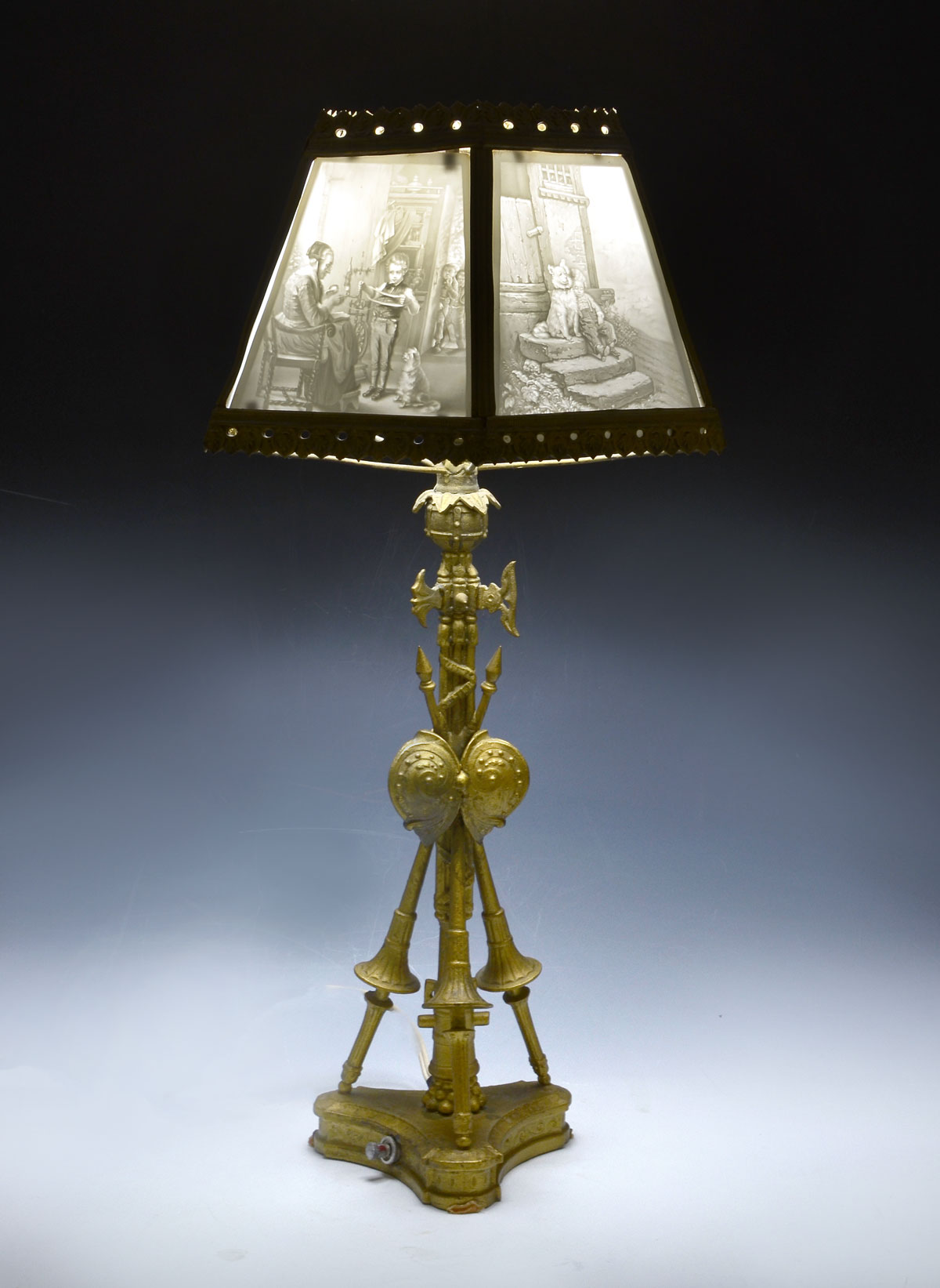 Appraisal: - PANEL LITHOPHANE FIGURAL LAMP Gold painted white brass base