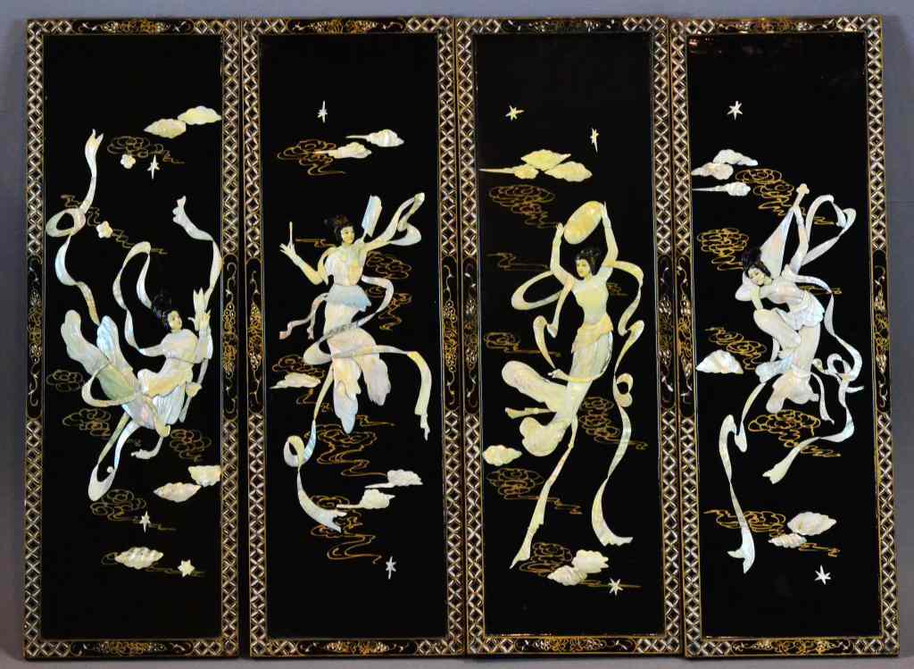 Appraisal: Chinese Appliqued Lacqered PanelsDepicting beauties amongs ruyi clouds each panel