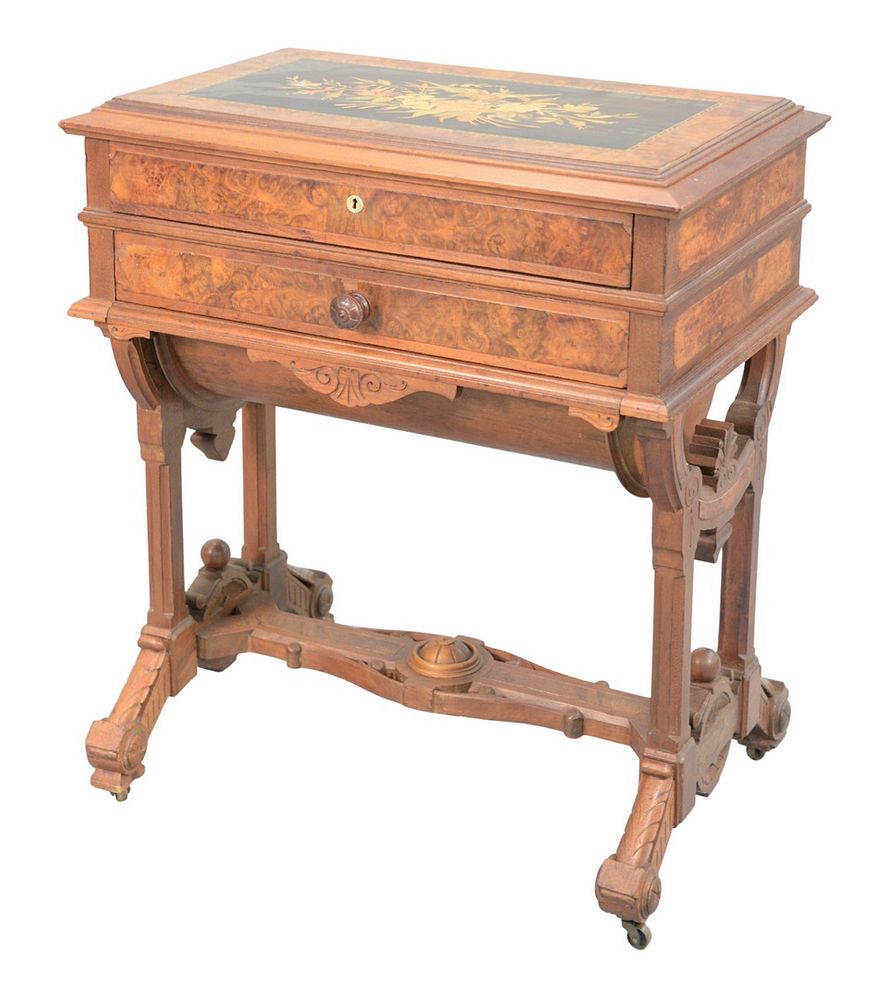 Appraisal: Aesthetic Victorian Walnut and Burl Walnut Work Sewing Table having