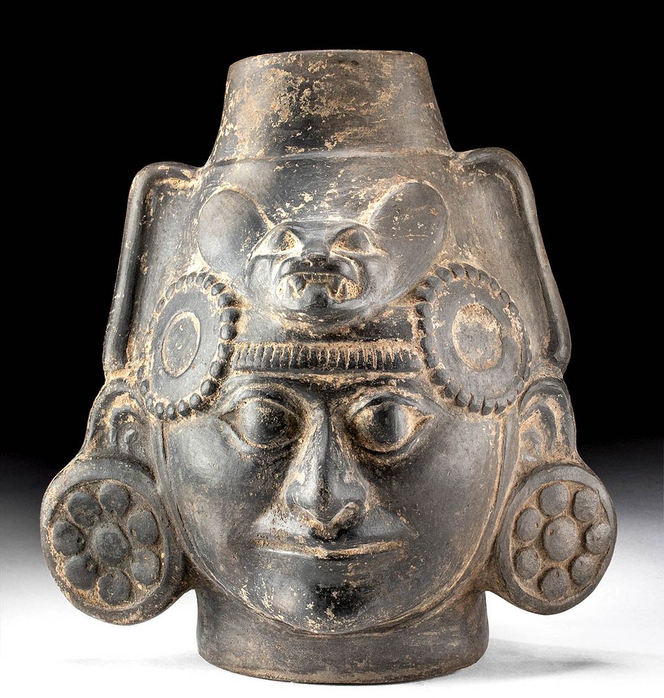 Appraisal: Moche Pottery Portrait Vessel w Zoomorphic Headdress Pre-Columbian North Coast