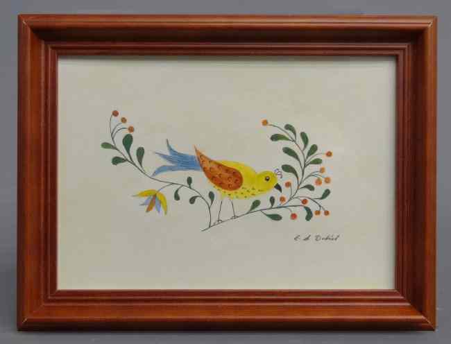 Appraisal: Watercolor bird on branch by noted folk artist Evelyn S