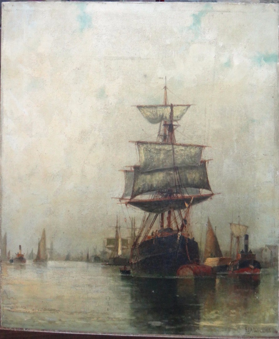 Appraisal: Frederick James Aldridge - Vessels at anchor oil on canvas