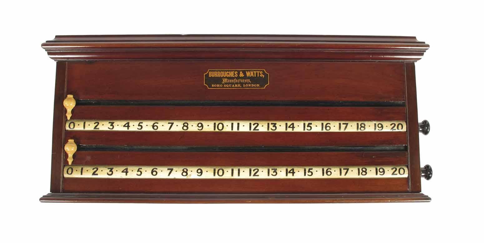 Appraisal: A Burroughes amp Watts mahogany wall mounted snooker scoreboard