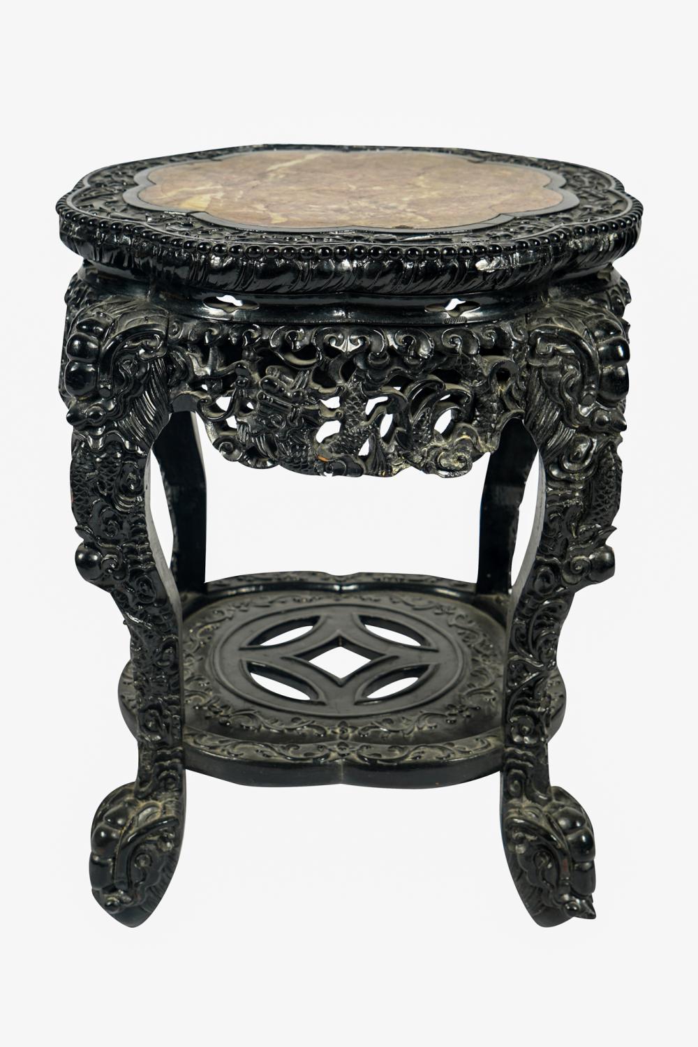 Appraisal: CHINESE MARBLE-INSET CARVED WOOD STANDwith lobed circular top Condition separation