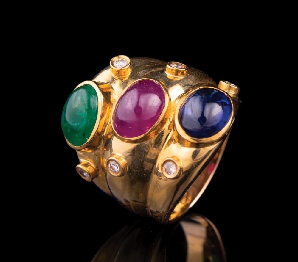 Appraisal: kt Yellow Gold Cabochon Ruby Emerald and Sapphire Triple Band