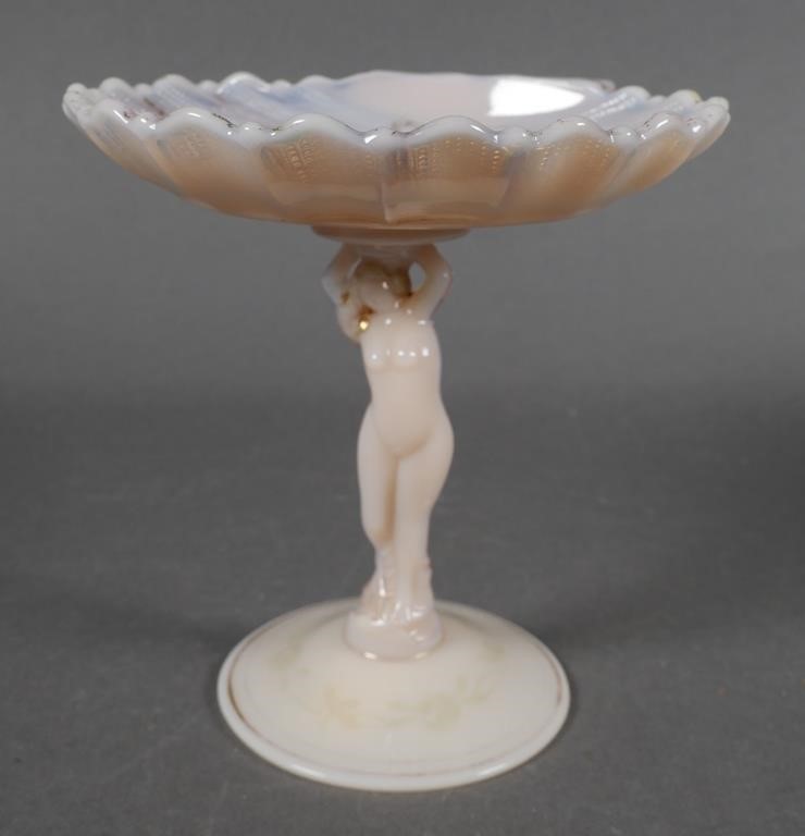 Appraisal: Pink glass compote with nude woman stem Measures - high