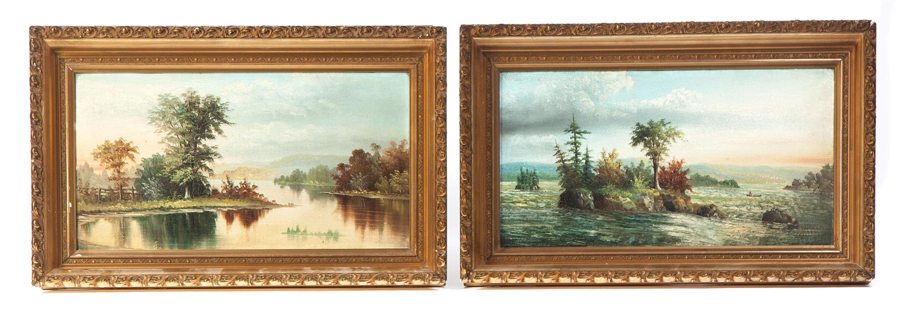 Appraisal: TWO FRAMED OIL ON BOARD LAKESCAPES American th century Beautiful