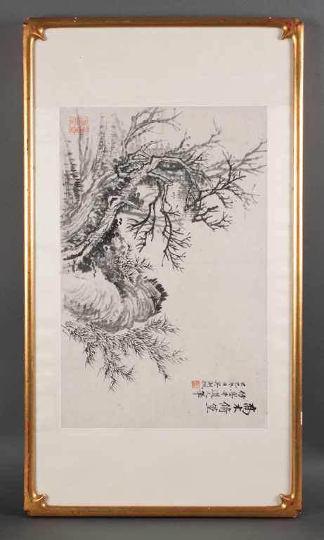 Appraisal: Chinese ink painting ''Cherry trees and bamboo by a rock