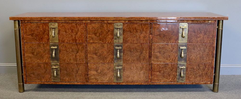 Appraisal: MIDCENTURY MASTERCRAFT Walnut Multi Drawer Brass Mounted Chest Great quality