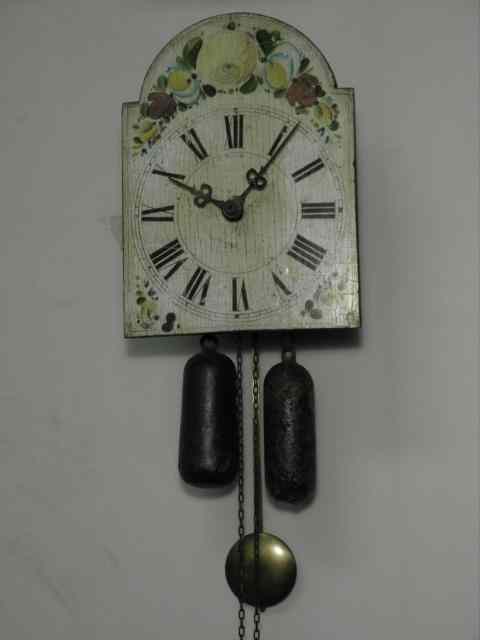 Appraisal: Small French wooden wag-on-the-wall clock Floral painted wooden face with