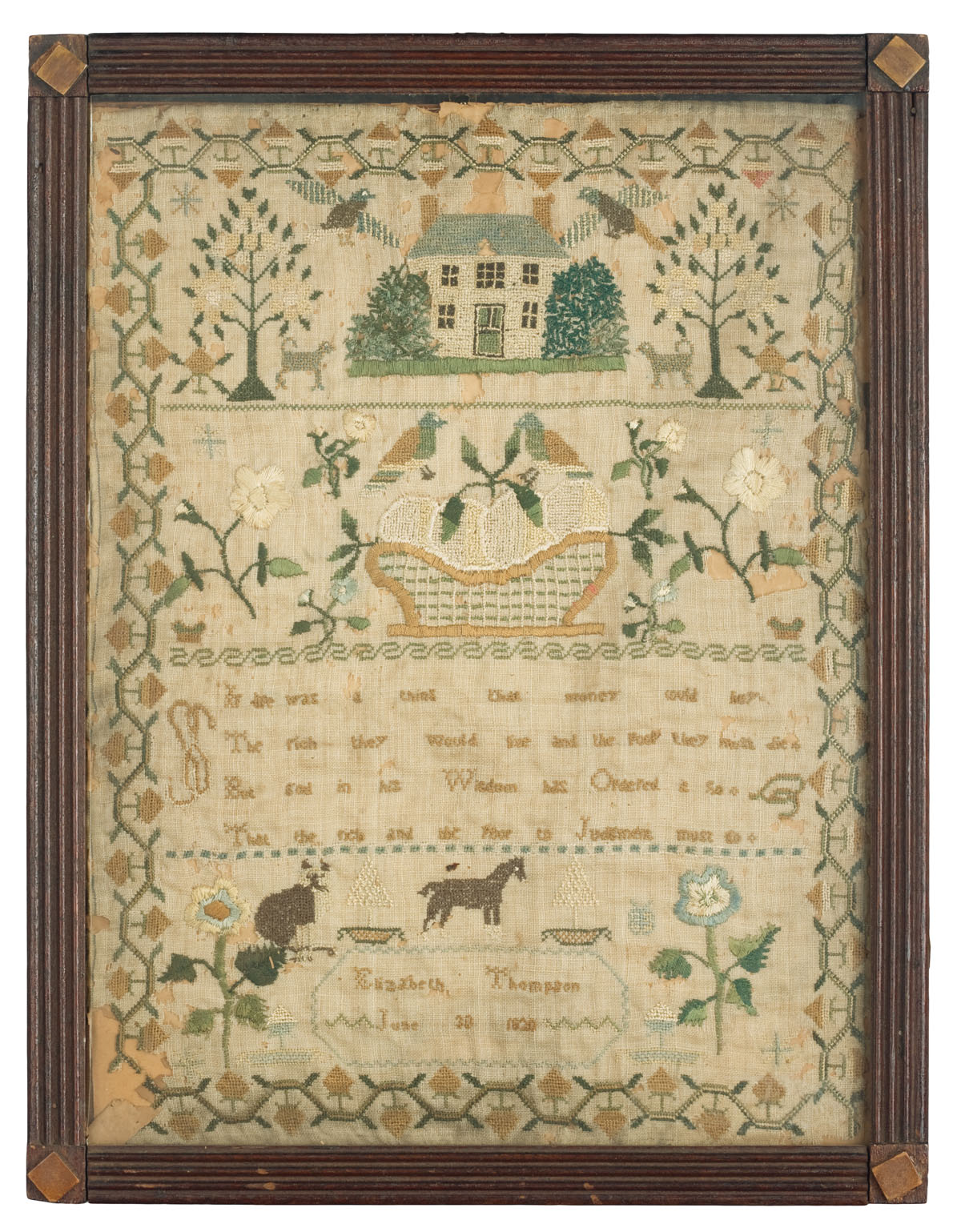 Appraisal: ELIZABETH THOMPSON'S NEEDLEWORK SAMPLER IN ORIGINAL PAINTED FRAME DATED Depicting