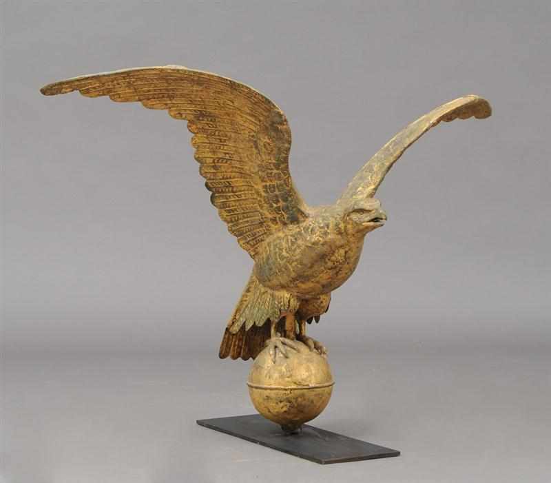 Appraisal: AMERICAN HOLLOW-CAST GILDED-METAL AND VERDIGRIS EAGLE WEATHERVANE Modeled with head