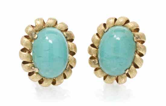 Appraisal: A Pair of Karat Yellow Gold and Turquoise Earclips consisting