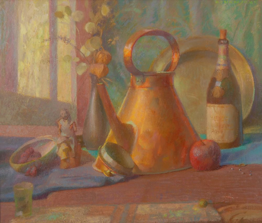 Appraisal: HENRY HENSCHEAmerican - Still life with copper kettle and wine