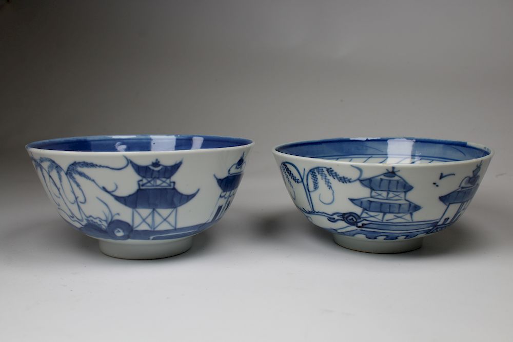 Appraisal: Chinese Canton Pattern Blue White Bowls Chinese Canton Pattern Blue